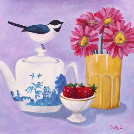 Peinture Oiseau avec théière , fleurs et fraises par Sally B | Tableau Art Singulier Acrylique animaux, natures mortes