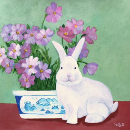 Gemälde Lapin et fleurs violets dans un pot chinoiserie von Sally B | Gemälde Art brut Acryl Stillleben, Tiere