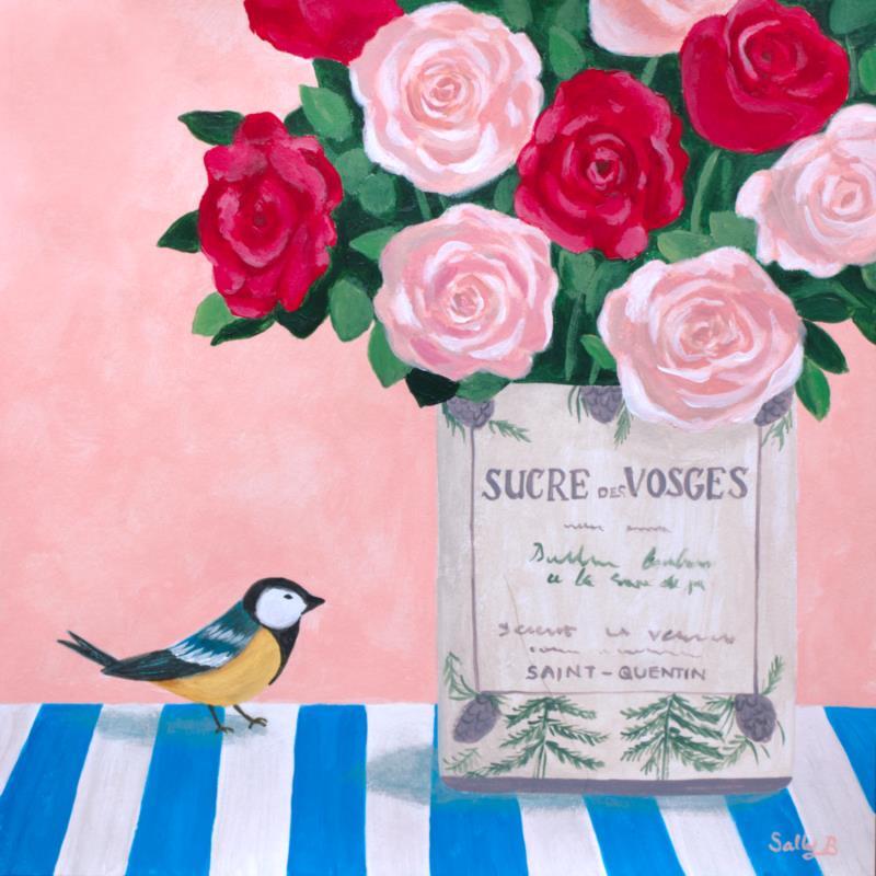 Painting Oiseau avec roses dans un pot Sucre Des Vosges by Sally B | Painting Raw art Acrylic Animals, still-life