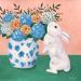 Peinture Lapin avec hortensia et rose par Sally B | Tableau Art Singulier Acrylique animaux Natures mortes