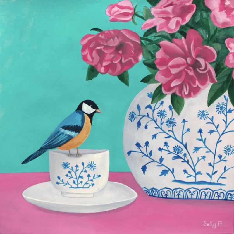 Gemälde Oiseau sur une tasse avec fleurs dans un vase chinoiserie von Sally B | Gemälde Art brut Acryl Stillleben, Tiere