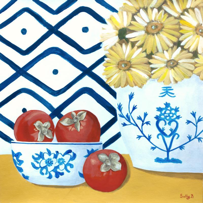 Painting Kakis avec fleurs jaunes by Sally B | Painting Raw art Acrylic still-life
