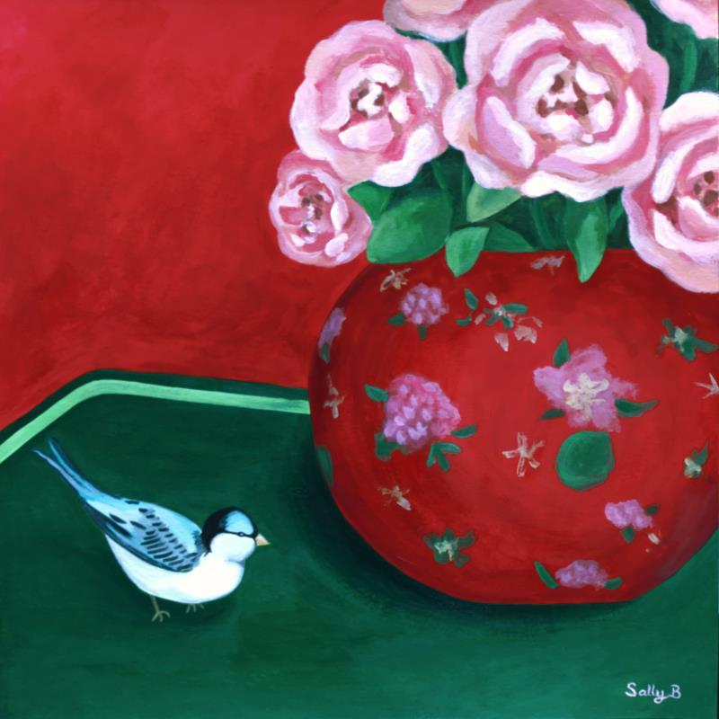 Painting Oiseau et pivoine dans un vase chinoiserie by Sally B | Painting Raw art still-life Acrylic
