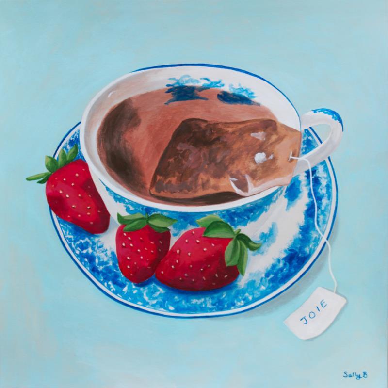 Peinture Thé de joie avec fraises par Sally B | Tableau Art Singulier Acrylique Natures mortes