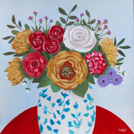 Peinture Bouquet fleurs sur table rouge par Sally B | Tableau Art Singulier Acrylique Natures mortes