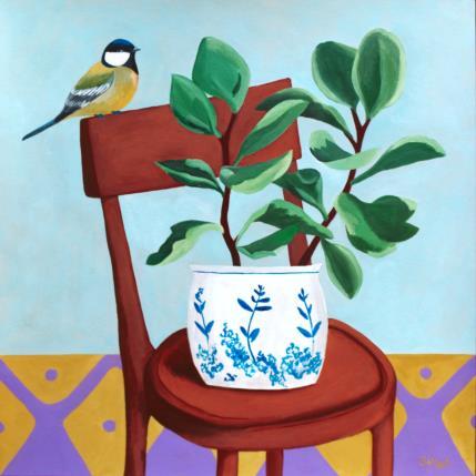 Painting Oiseau sur une chaise avec plante by Sally B | Painting Raw art Acrylic Animals, still-life