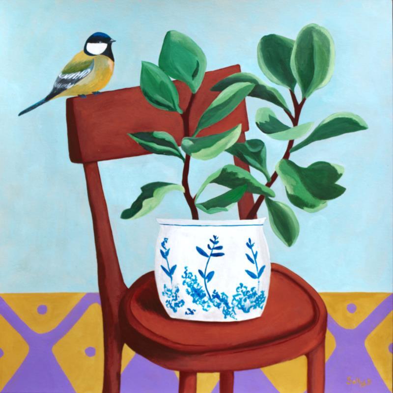 Gemälde Oiseau sur une chaise avec plante von Sally B | Gemälde Art brut Acryl Stillleben, Tiere