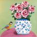 Peinture Oiseau avec roses dans un vase  par Sally B | Tableau Art Singulier Natures mortes Acrylique