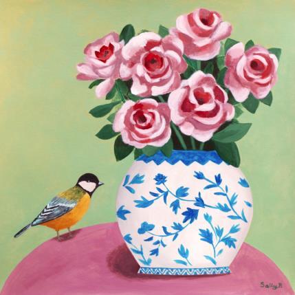 Painting Oiseau avec roses dans un vase  by Sally B | Painting Raw art Acrylic still-life
