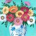 Peinture Bouquet fleurs dans un vase chinoiserie avec fond turquoise par Sally B | Tableau Art Singulier Natures mortes Acrylique
