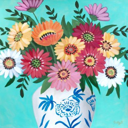 Painting Bouquet fleurs dans un vase chinoiserie avec fond turquoise by Sally B | Painting Raw art Acrylic still-life