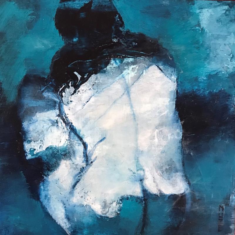Peinture femme au bas bleu assise par Muze | Tableau Figuratif nu