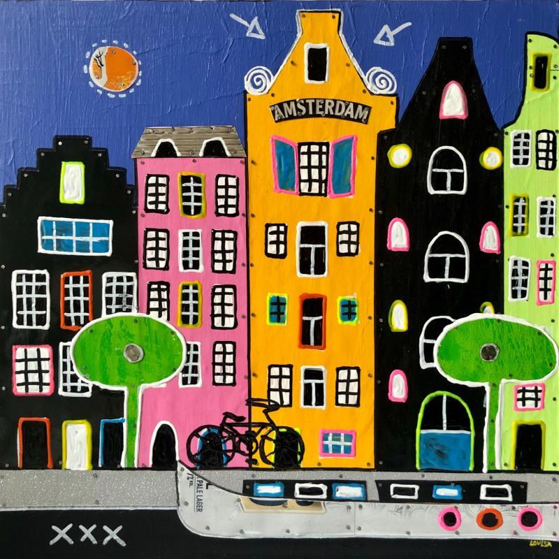 Painting Amsterdam Night by Lovisa | Painting Pop art Wood Urban