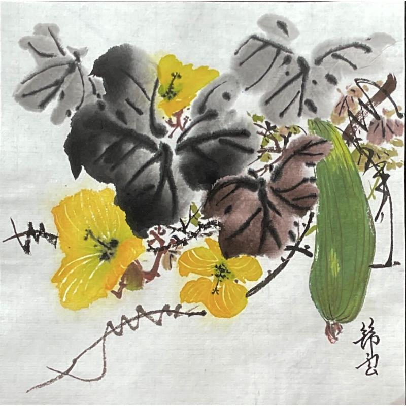 Gemälde Concombre et fleurs jaunes von Tayun | Gemälde Figurativ Stillleben Tinte