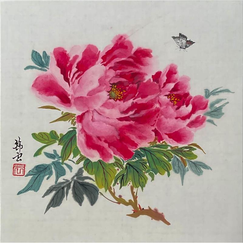 Painting Pivoines et papillon by Tayun | Painting Figurative Ink still-life