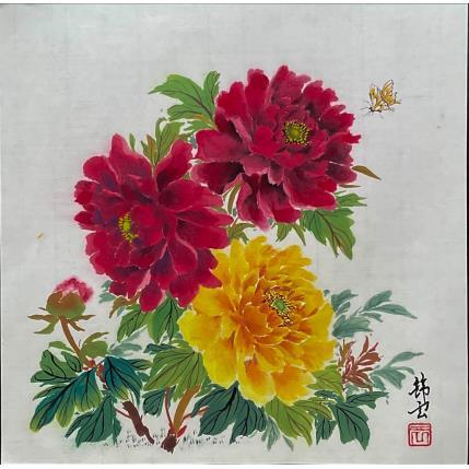 Peinture Trois pivoines, rouge et jaune par Tayun | Tableau Figuratif Aquarelle, Encre Natures mortes