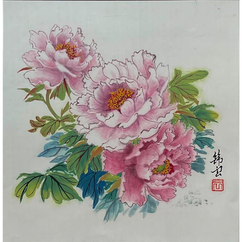 Painting Pivoines rose pale by Tayun | Painting Figurative Still-life Ink