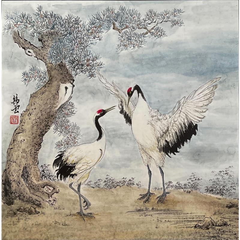 Peinture Grues à couronne rouge par Tayun | Tableau Figuratif Animaux Encre