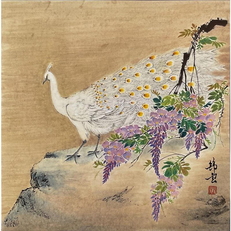 Gemälde Paon Blanc von Tayun | Gemälde Figurativ Tinte Tiere