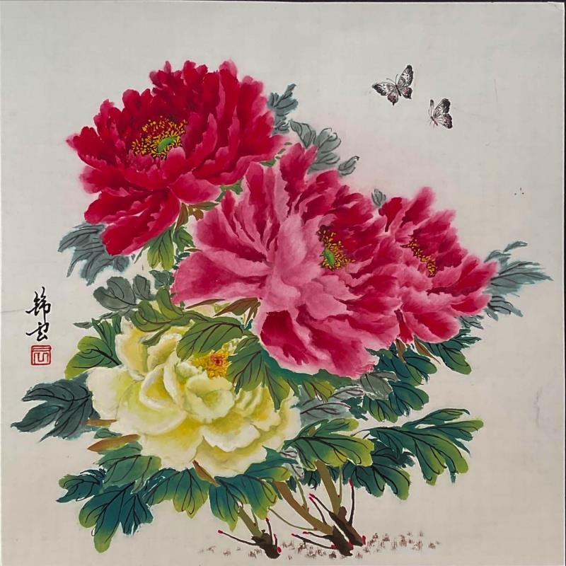 Gemälde Quatres pivoines et papillons von Tayun | Gemälde Figurativ Natur Tinte