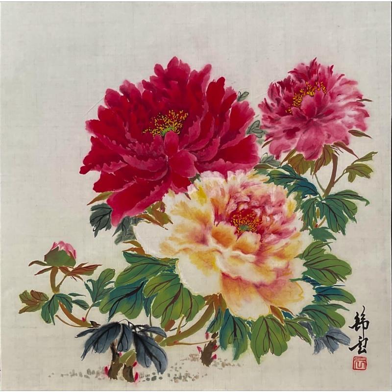 Peinture Trois pivoines par Tayun | Tableau Figuratif Natures mortes Encre