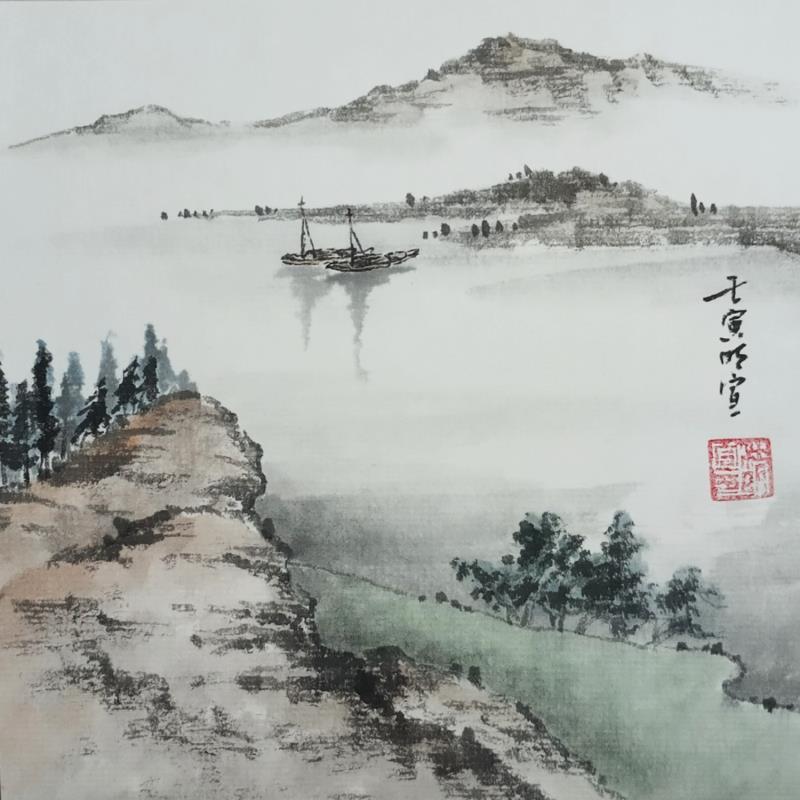 Painting Riverbank by Du Mingxuan | Painting Figurative Landscapes Watercolor