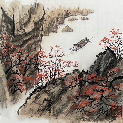 Peinture Ballade en barque par Tayun | Tableau Figuratif Encre Nature