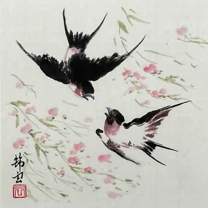 Peinture Deux hirondelles par Tayun | Tableau Figuratif Aquarelle, Encre animaux
