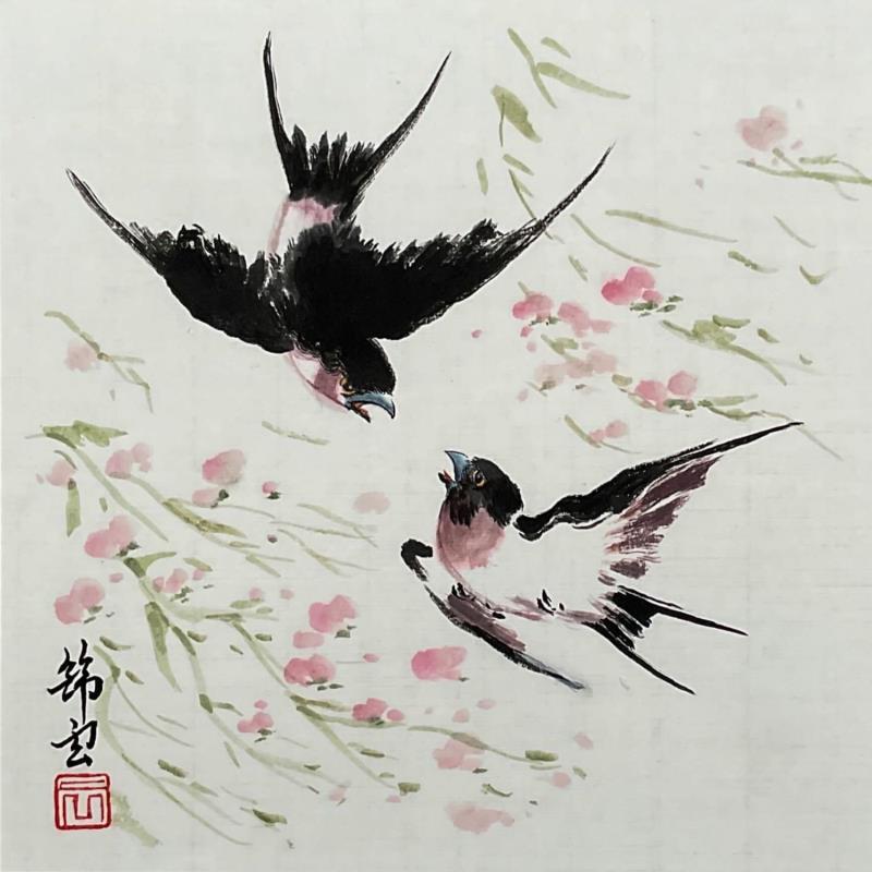 Peinture Deux hirondelles par Tayun | Tableau Figuratif Animaux Aquarelle Encre