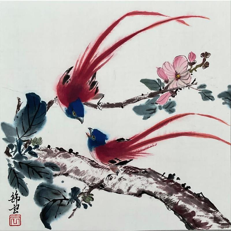 Peinture Oiseaux rubans par Tayun | Tableau Figuratif Nature Aquarelle Encre