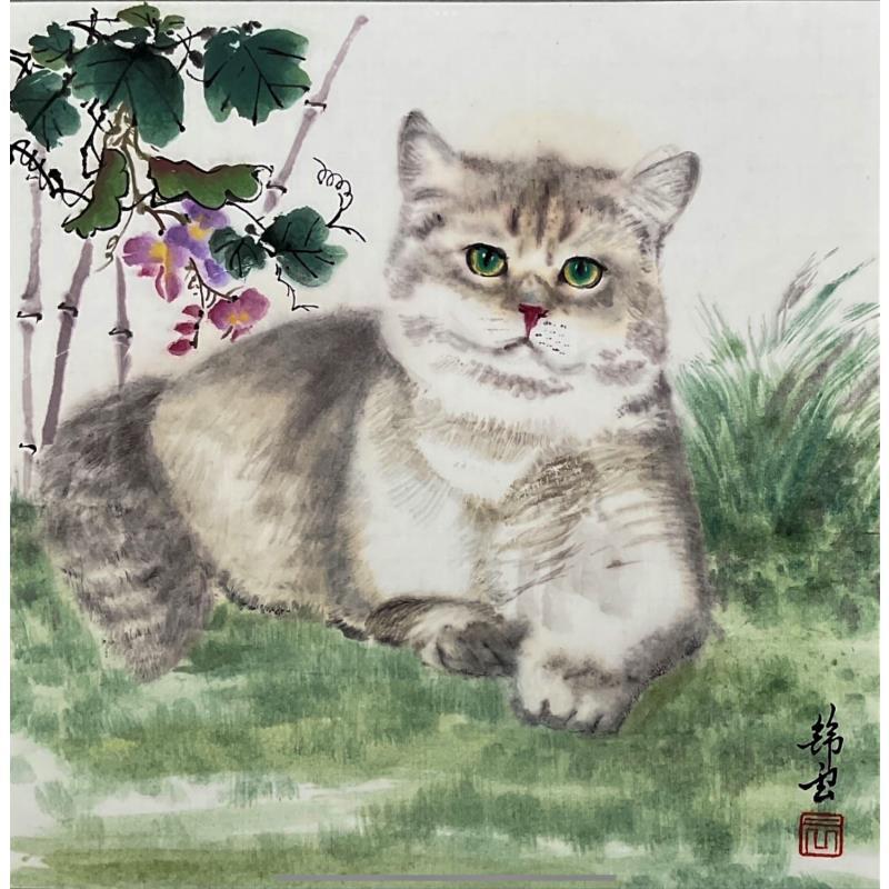 Gemälde Chat Gris von Tayun | Gemälde Figurativ Tiere Tinte
