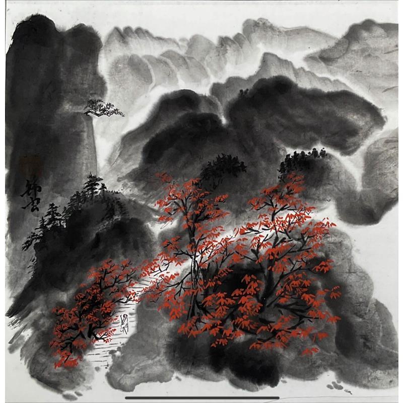 Peinture Montagne noir et arbres rouges par Tayun | Tableau Figuratif Nature Encre