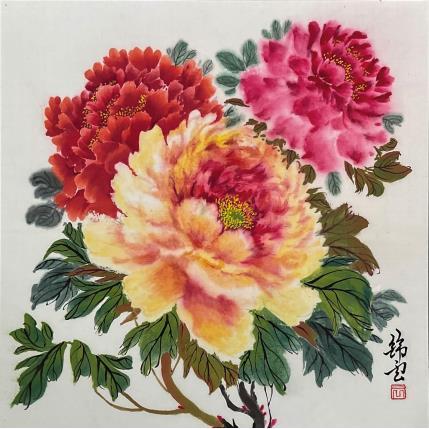 Painting Trois pivoines by Tayun | Painting Figurative Ink Nature