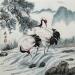 Peinture Grues qui pechent par Tayun | Tableau Figuratif Animaux Encre