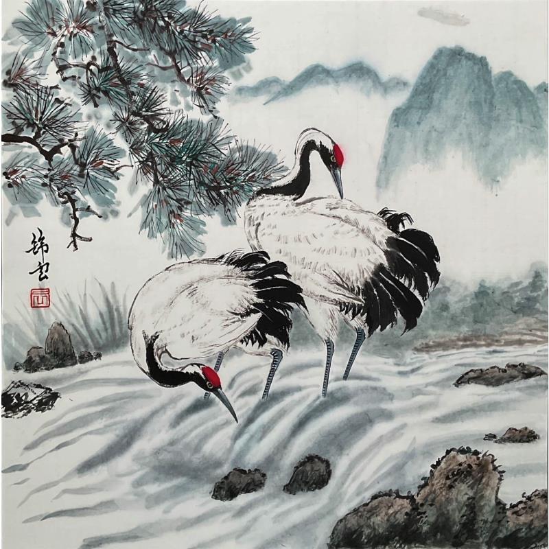 Peinture Grues qui pechent par Tayun | Tableau Figuratif Animaux Encre