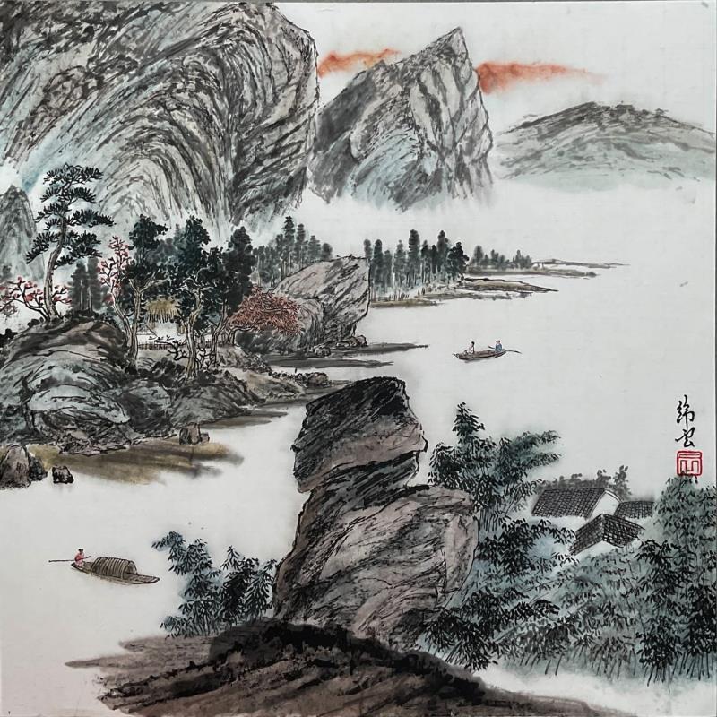 Gemälde Bord de riviere von Tayun | Gemälde Figurativ Aquarell, Tinte Natur