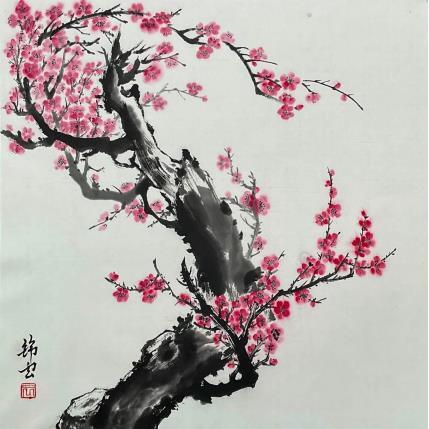 Gemälde Branche de Cerisier von Tayun | Gemälde Figurativ Aquarell, Tinte Natur