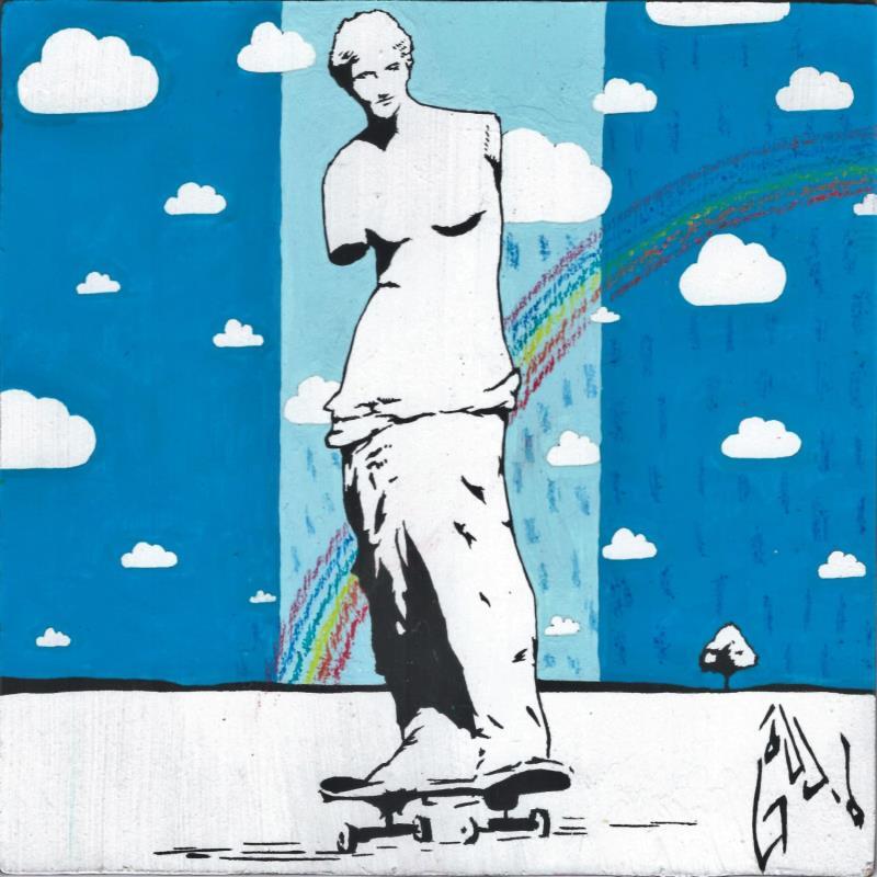 Peinture SKATER VENUS par Di Vicino Gaudio Alessandro | Tableau Street Art Icones Pop Scènes de vie Noir & blanc Bois Acrylique