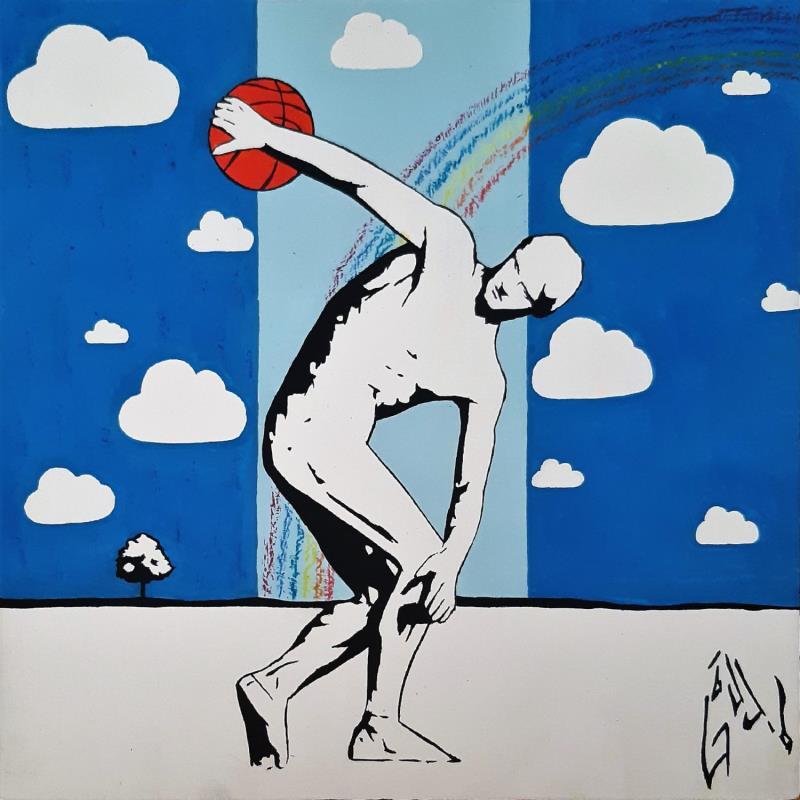 Gemälde THE BALL THROWER von Di Vicino Gaudio Alessandro | Gemälde Street art Acryl, Holz Alltagsszenen, Pop-Ikonen, Schwarz & Weiß