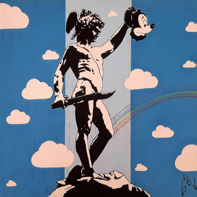 Painting PERSEUS AND THE MICKEY MOUSE MASK by Di Vicino Gaudio Alessandro | Painting Street art Acrylic, Wood Black & White, Pop icons