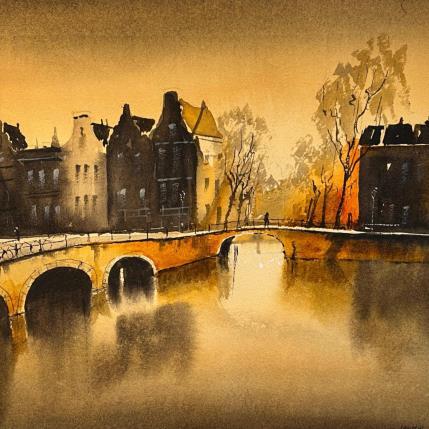 Painting Canal in gold by Min Jan | Painting Figurative Watercolor Urban