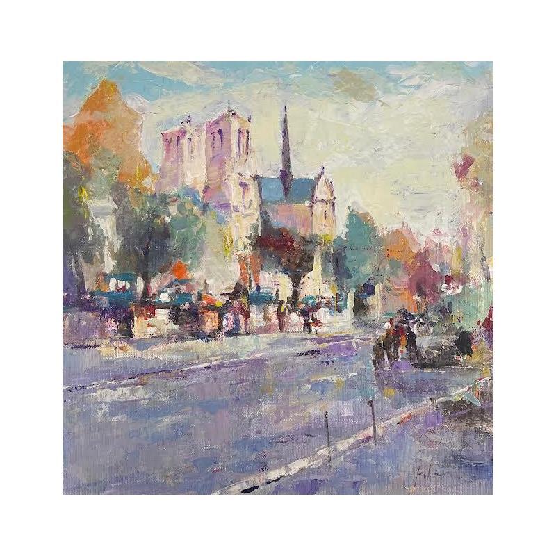 Peinture Les bouquinistes de Notre Dame par Yavru Irfan | Tableau Figuratif Urbain Huile