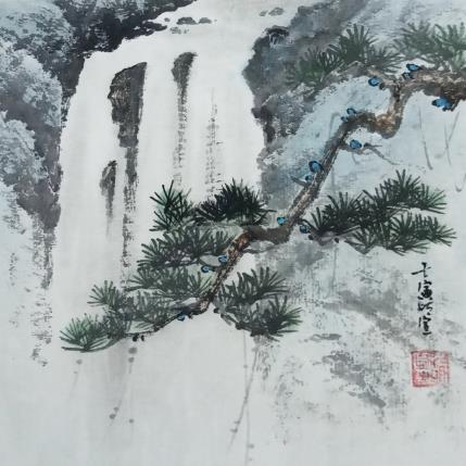 Painting Waterfall by Du Mingxuan | Painting Figurative Watercolor Landscapes