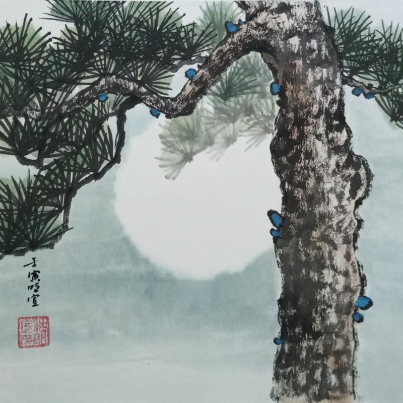 Peinture Pinetree under moon par Du Mingxuan | Tableau Figuratif Aquarelle Paysages