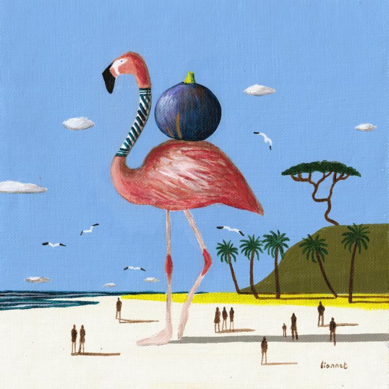 Painting Flamant rose à la figue by Lionnet Pascal | Painting Surrealism Landscapes Animals still-life Acrylic