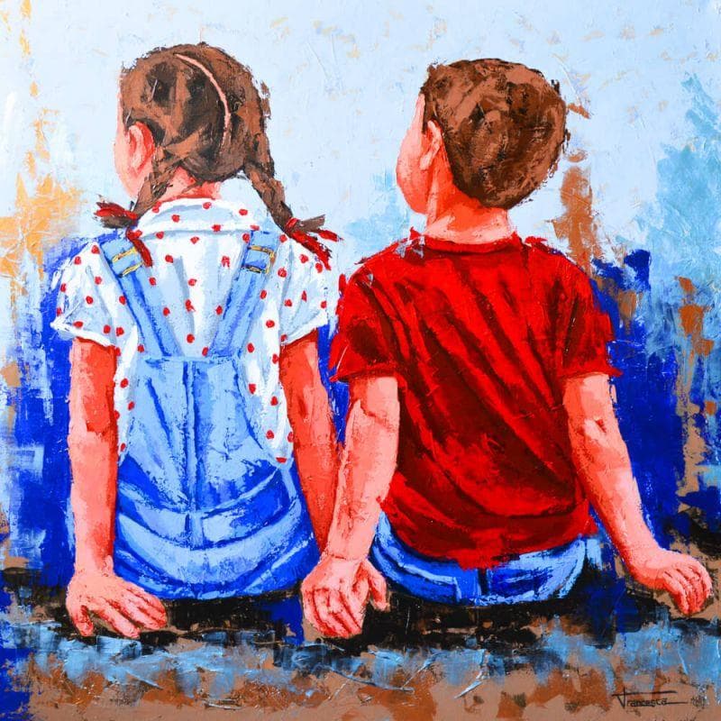 Peinture Azul y rojo par Escobar Francesca | Tableau Figuratif Acrylique scènes de vie