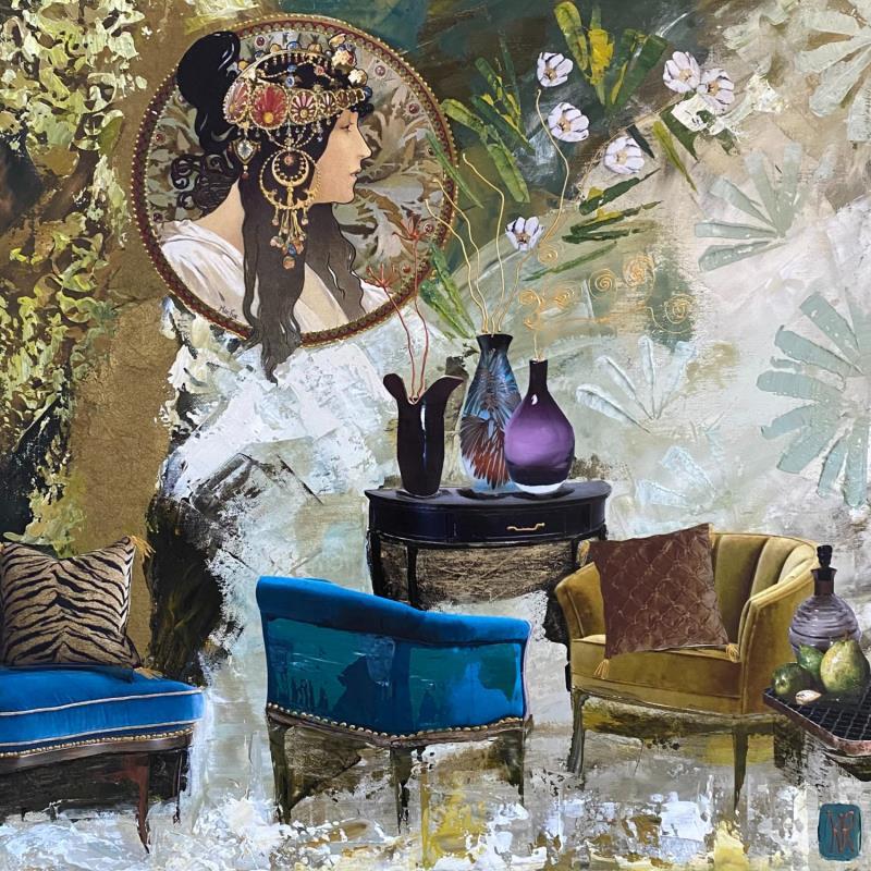 Gemälde Le salon bleu von Romanelli Karine | Gemälde Figurativ Collage Alltagsszenen
