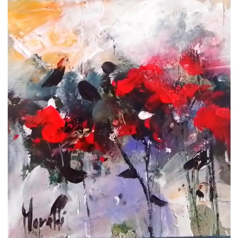 Painting red flowers by Moraldi | Painting Figurative Acrylic Still-life