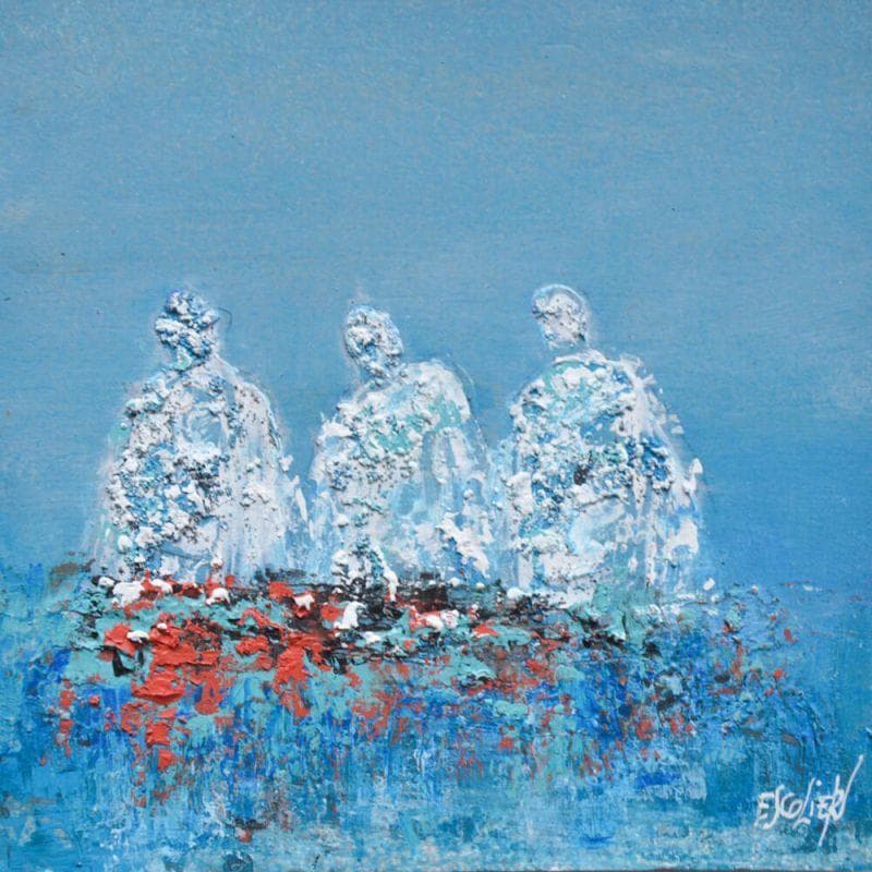 Painting Trio sur fond bleu by Escolier Odile | Painting Figurative Mixed Landscapes