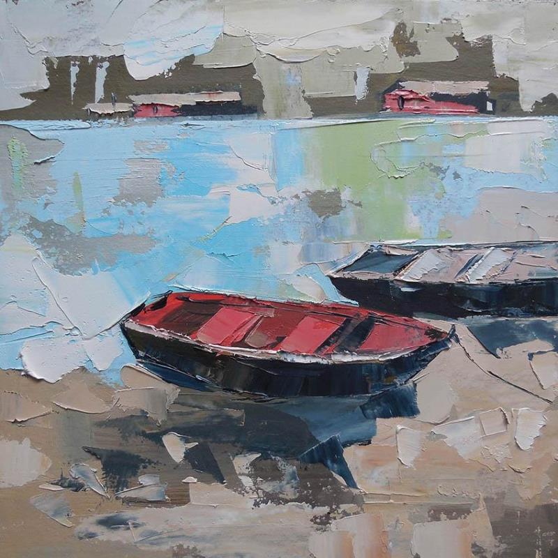 Painting Boat Station by Lunetskaya Elena | Painting Figurative Marine Life style Cardboard Oil
